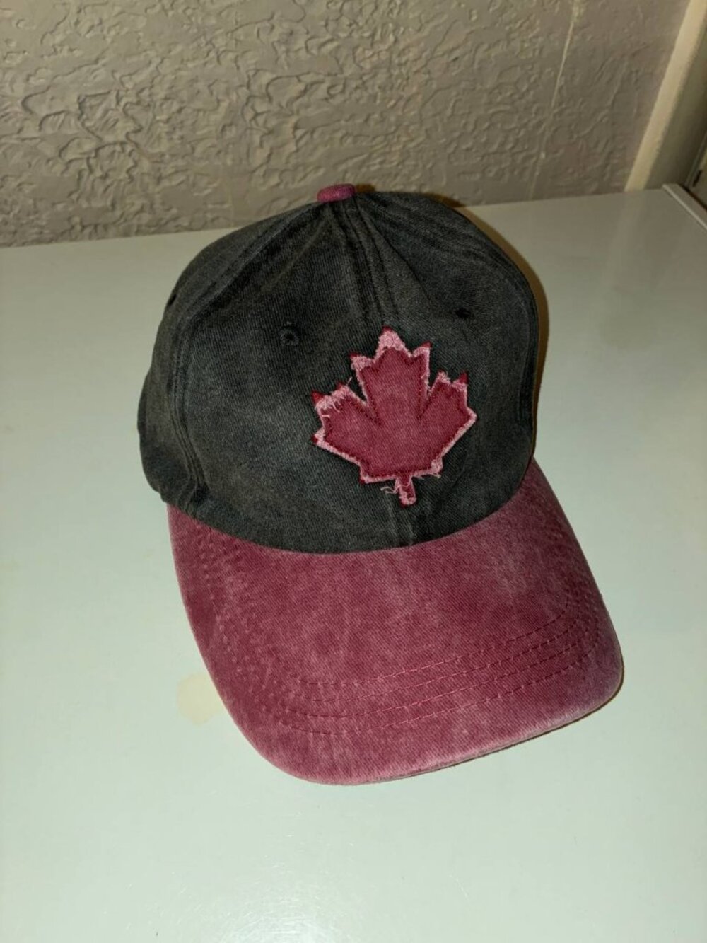 Canada Maple Leaf Denim Distressed Dad Cap Strapback - New Gray Red